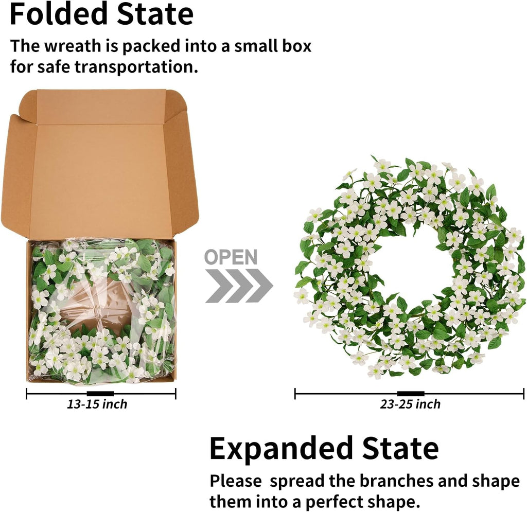 Artificial Eucalyptus Wreath for Front Door, 24 Inch Spring Summer Wreath with White Dogwood Flowers, All Season