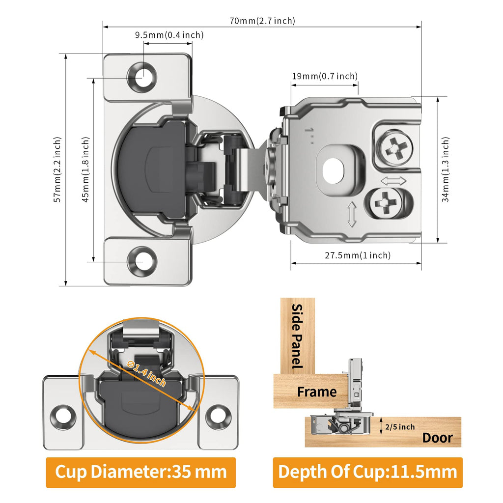 2 Pack 1" Overlay 3D Soft Close Concealed Hinge for Face Frame Door, Smooth Slow Self Closing Hinges, Satin Nickel