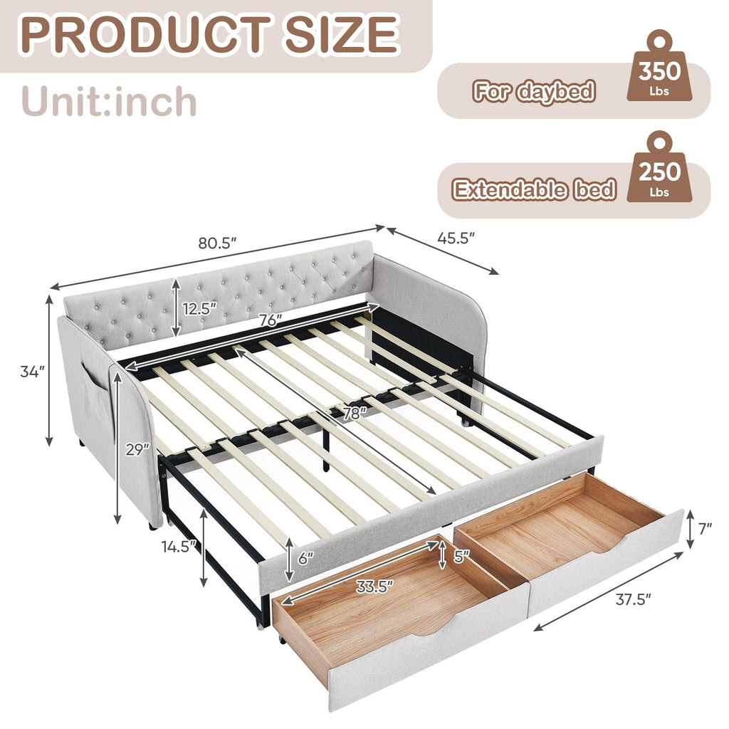 80.5" Daybed with Drawer, Modern Button Tufted Linen Day Bed with Trundle Bed Twin to King, Upholstered Daybed Frame