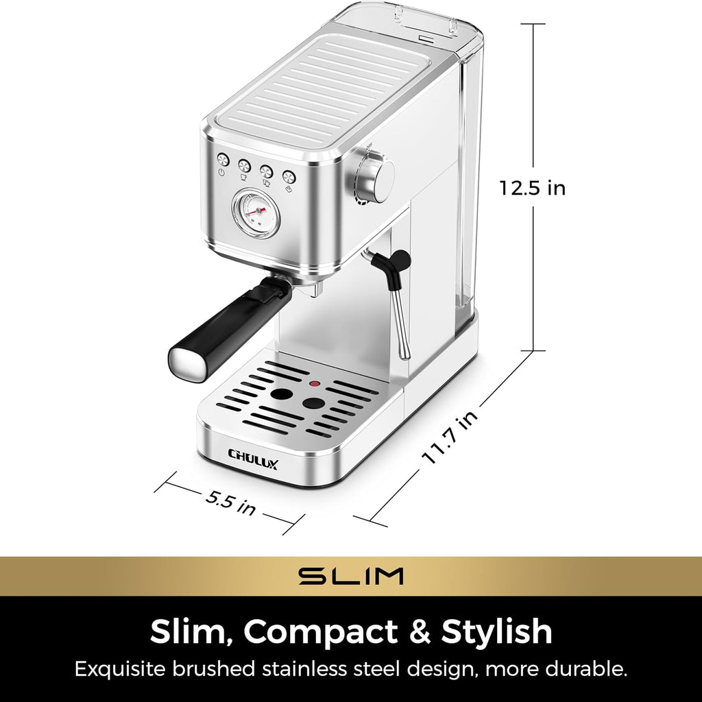Slim Espresso Machine with Milk Frother Cappuccino & Latte | Precise Pressure Gauge, Food-Grade Materials, 20 Bar