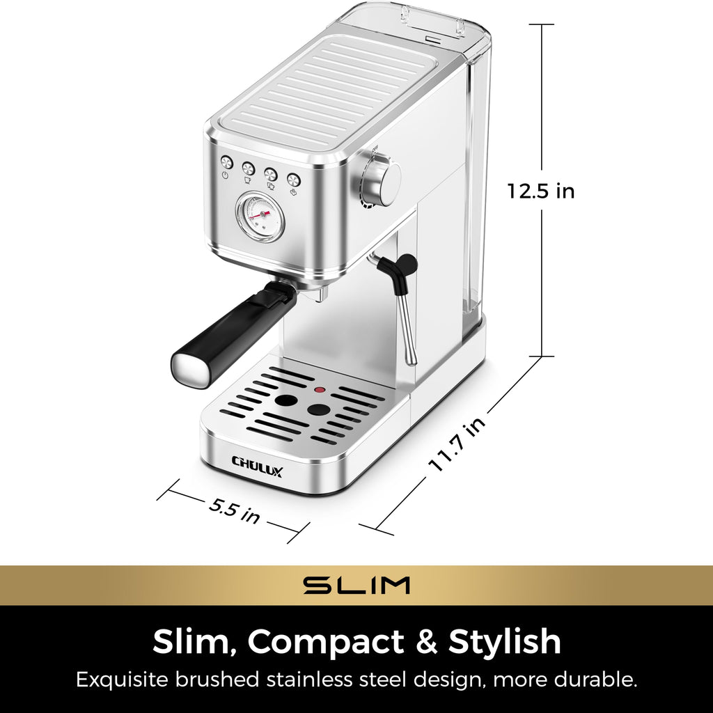 Slim Espresso Machine with Milk Frother Latte, Metal Silver