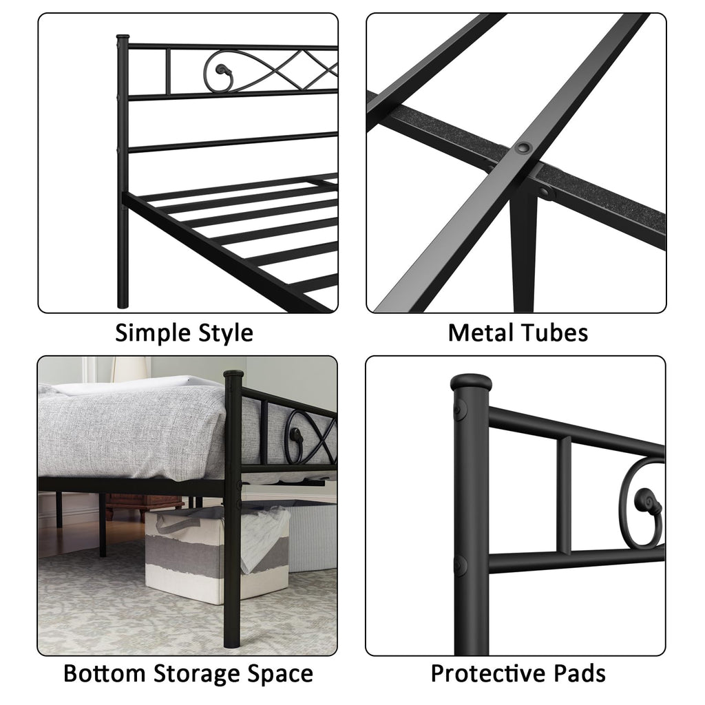 Queen Size Metal Bed Frame with Headboard, Black, Victorian