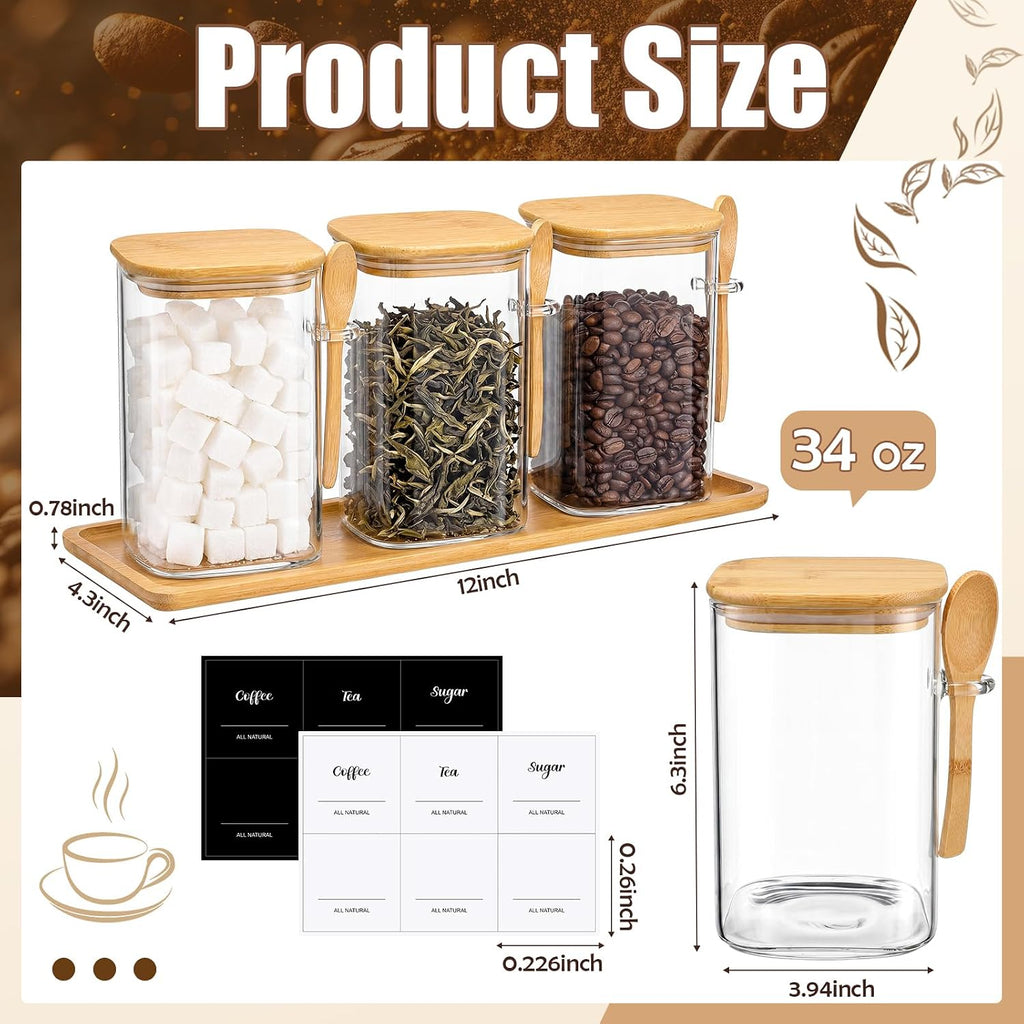 Glass Coffee Container with Wooden Lid and Spoon, Clear Airtight Square Canister Set with Wooden Tray Sticker - Set of 3