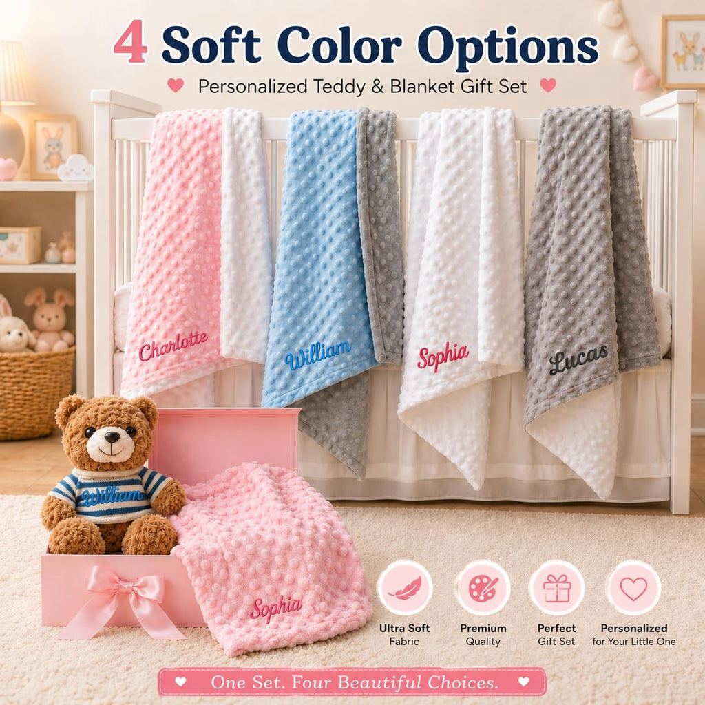 Blanket with Optional Plush Teddy Bear Gift Set, Custom Baby Blankets with Embroidered Name, Double Layer Dot Swaddle