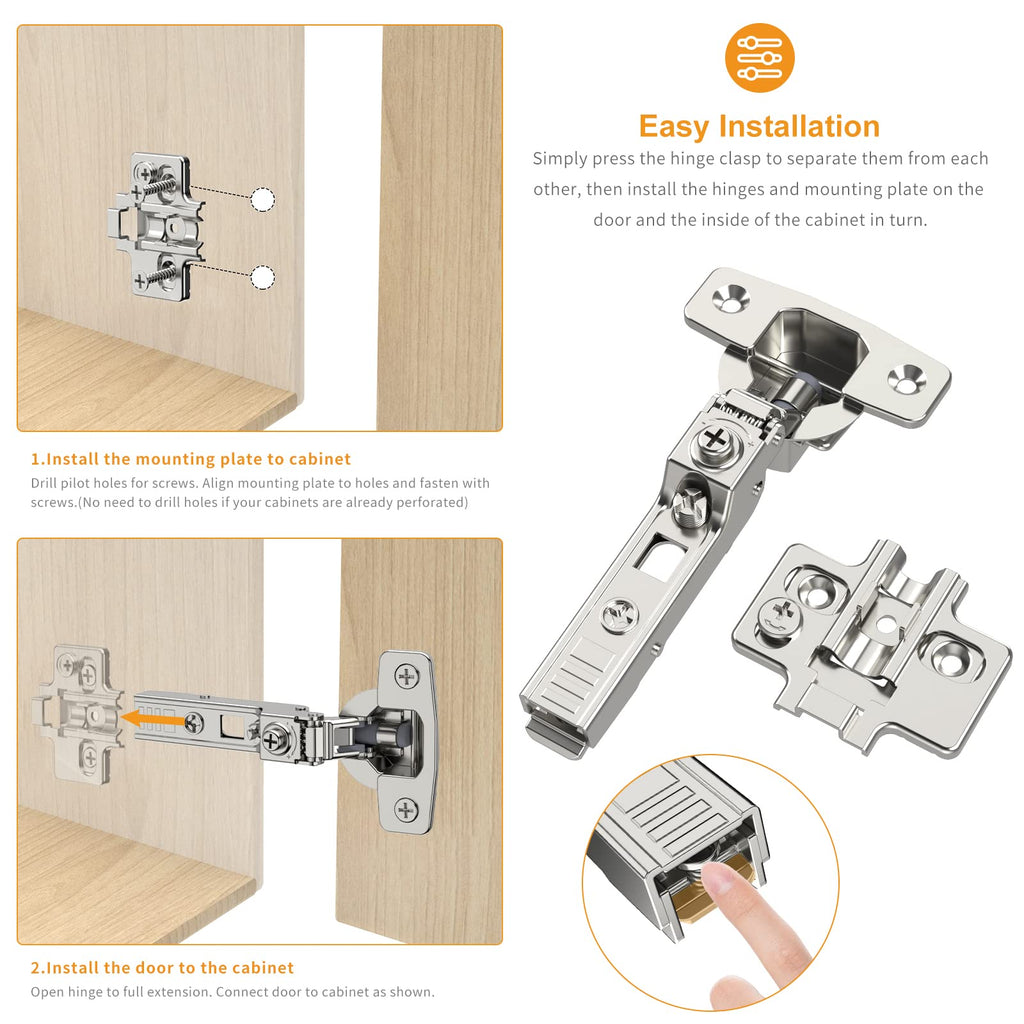 10 Pack Frameless Half Overlay Soft Close Concealed European Hinges, Self Closing Satin Nickel, 105 ° Open Angle 4D