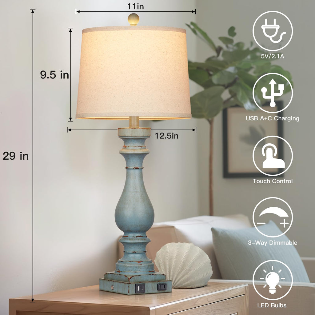 29" Tall Coastal Lamp, Retro-Blue Vintage Bedside Nightstand Lamps with USB Charging Ports A/C, 3-Way Dimmable Touch