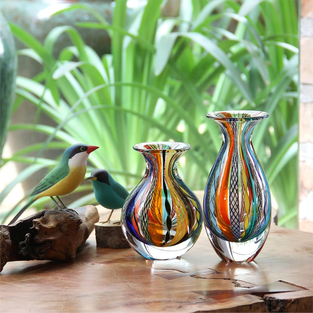 Murano Style Glass Vases Hand Blown Colored Canes Boho Effect Home Decor - Set of 2