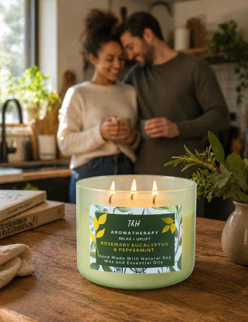 Rosemary Eucalyptus Peppermint Scented Candle, 3 Wick Soy Candle, 15.8 Oz