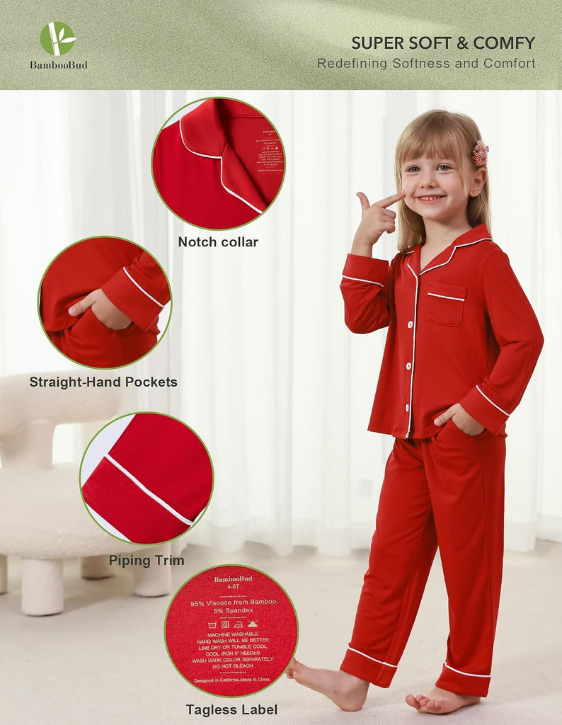Kids Pajamas Bamboo Viscose Pajama Set, Unisex Boys Girls Long Sleeve Shirt and Pants Button Down Sleepwear
