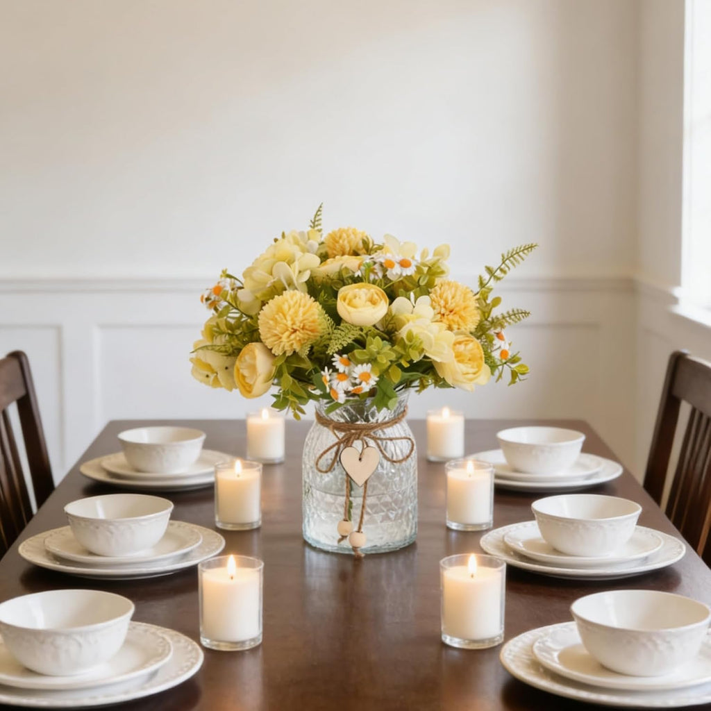 Faux Flowers with Vase,Artificial Silk Peony in Vases Fake Flower Hydrangeas Arrangement for Dining Table Home Office