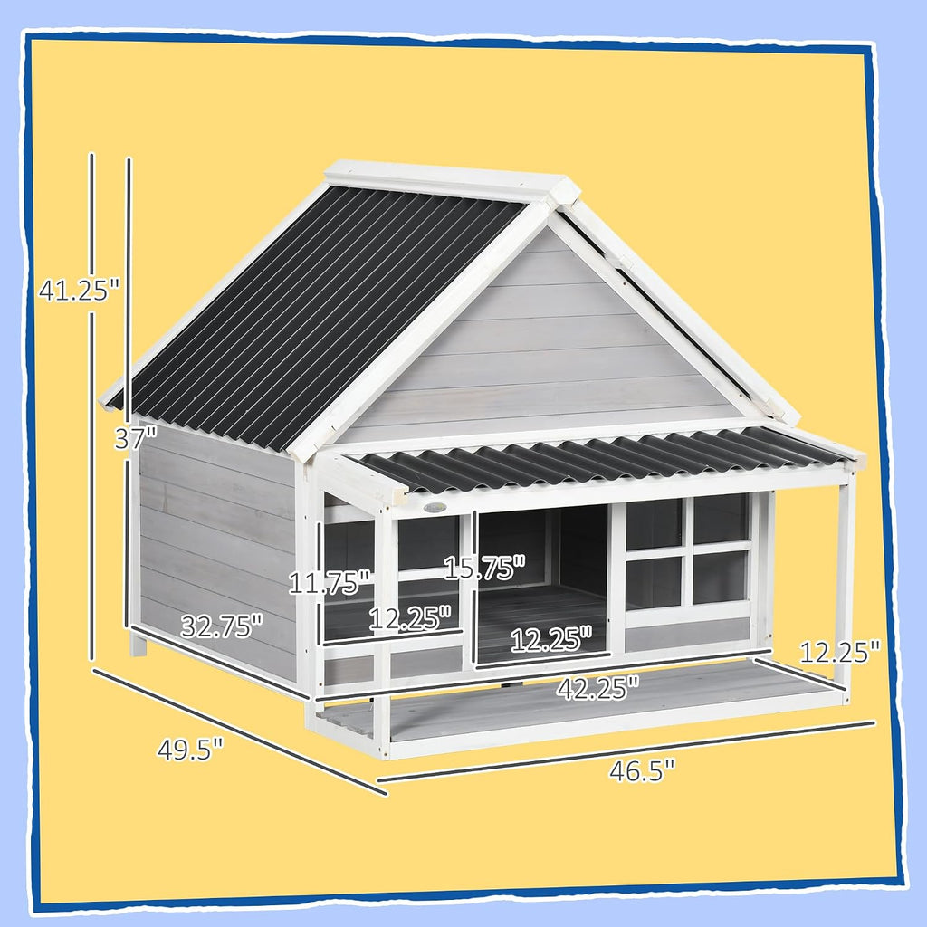 Wooden Dog House with Porch for Large Dogs, Tilt Roof, Front Door