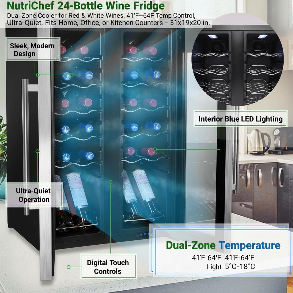 24-Bottle Wine Fridge - Dual Zone Cooler for Red & White Wines, 41°F - 64°F Temp