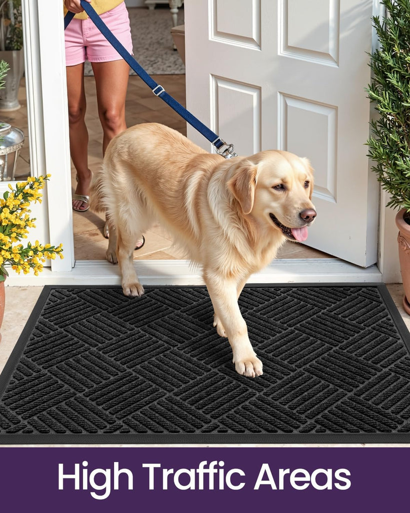 Front Door Mat Outside Entrance 24x36 Rubber Entry Doormat Black | Heavy Duty, Welcome Mats Non Slip, Dirt Trapper