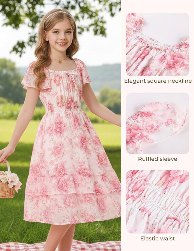 Girls Floral Summer Dress Flutter Sleeve Square Neck Midi Casual Dress for Girl