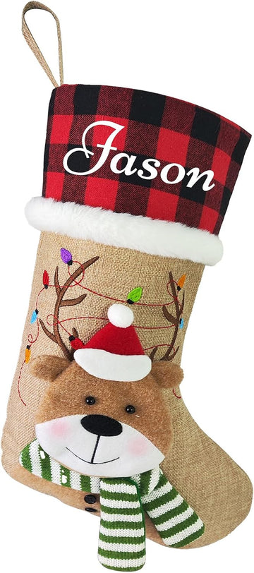 With Name, 18" Gnome Burlap Elk Bear Plaid Xmas Stocking Holiday Christmas Stockings, Holiday Christmas Decoration