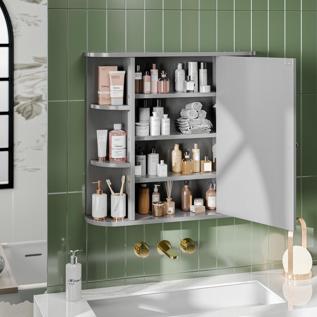 Bathroom Mirror Cabinet Wall Mounted, Medicine Cabinet with Mirror and 6 Open Shelves, Modern Bathroom Wall Cabinets