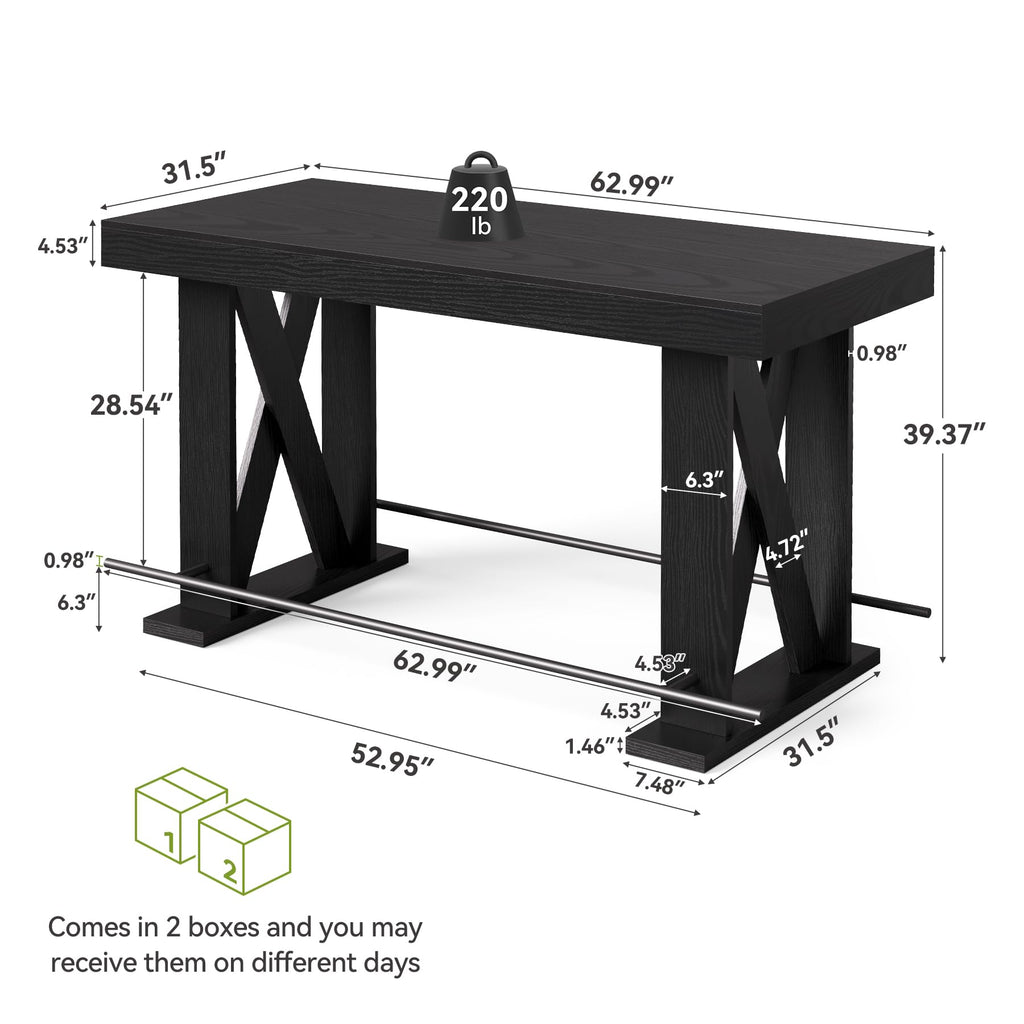 63" Bar Table, Pub Table with Metal Footrest (Black, 1)