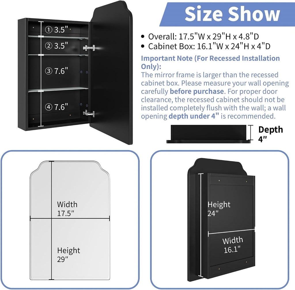 Recessed Medicine Cabinet with Arched Mirror, Overall 17.5"x29" | Bathroom Wood Black Wall Cabinet with Mirror