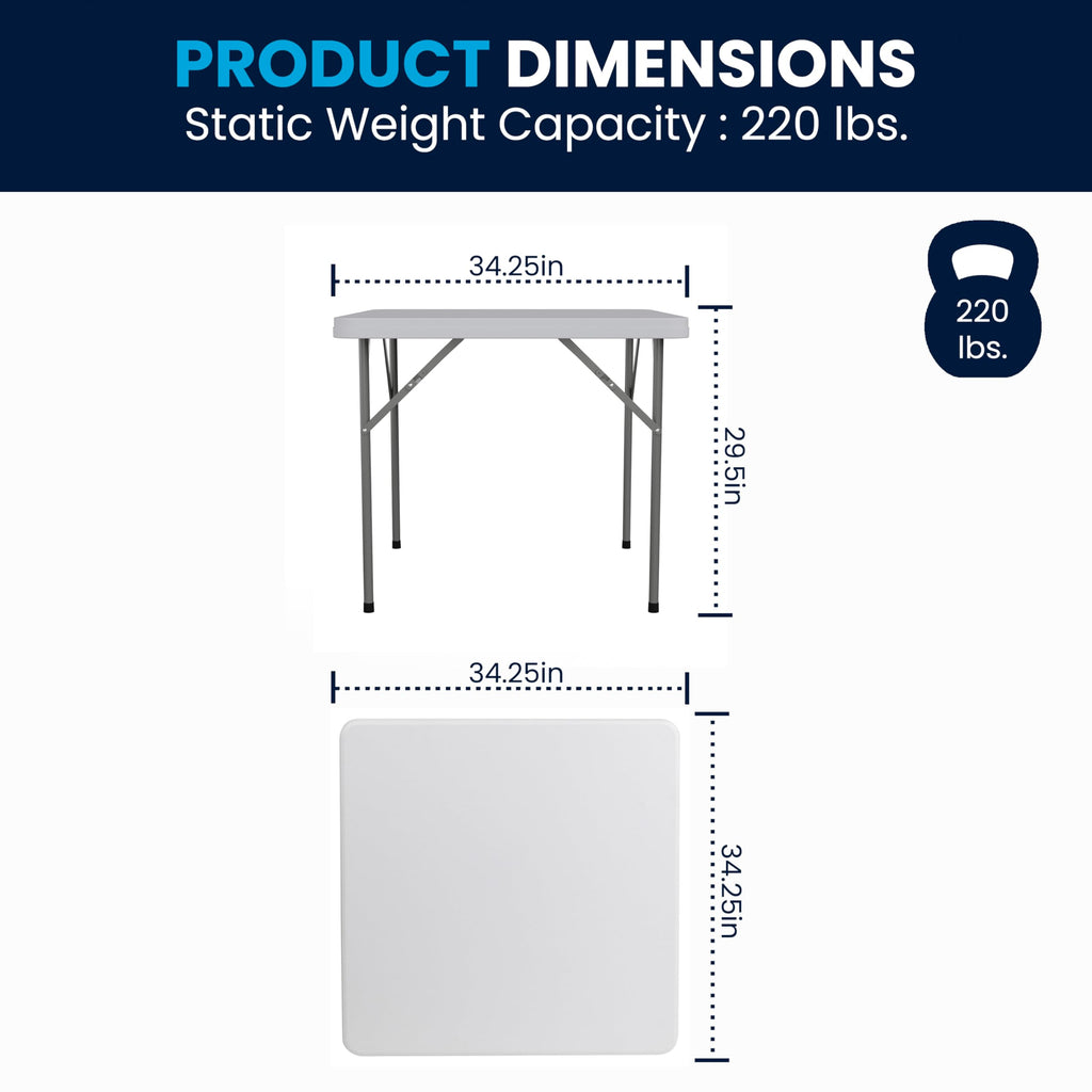 Elon Square Plastic Folding Table, Portable Dining Card Table for 4 People, Indoor-Outdoor Use, 34.25", Granite White