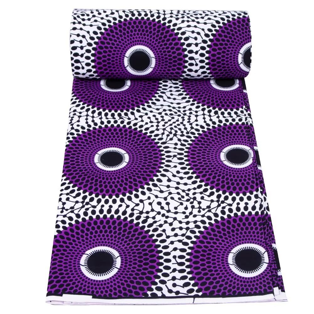 African Fabric 100% Cotton Purple White African Ankara Print Fabric 6 Yards One Piece 1542