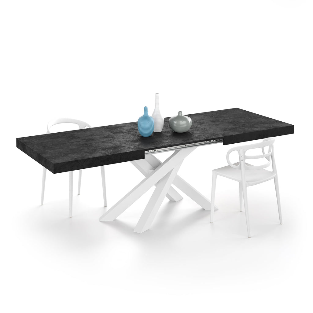 Emma 63(94.5) x35.4 in, Extendable Dining Table, Concrete Effect, Black with White Crossed Legs, Made in Italy