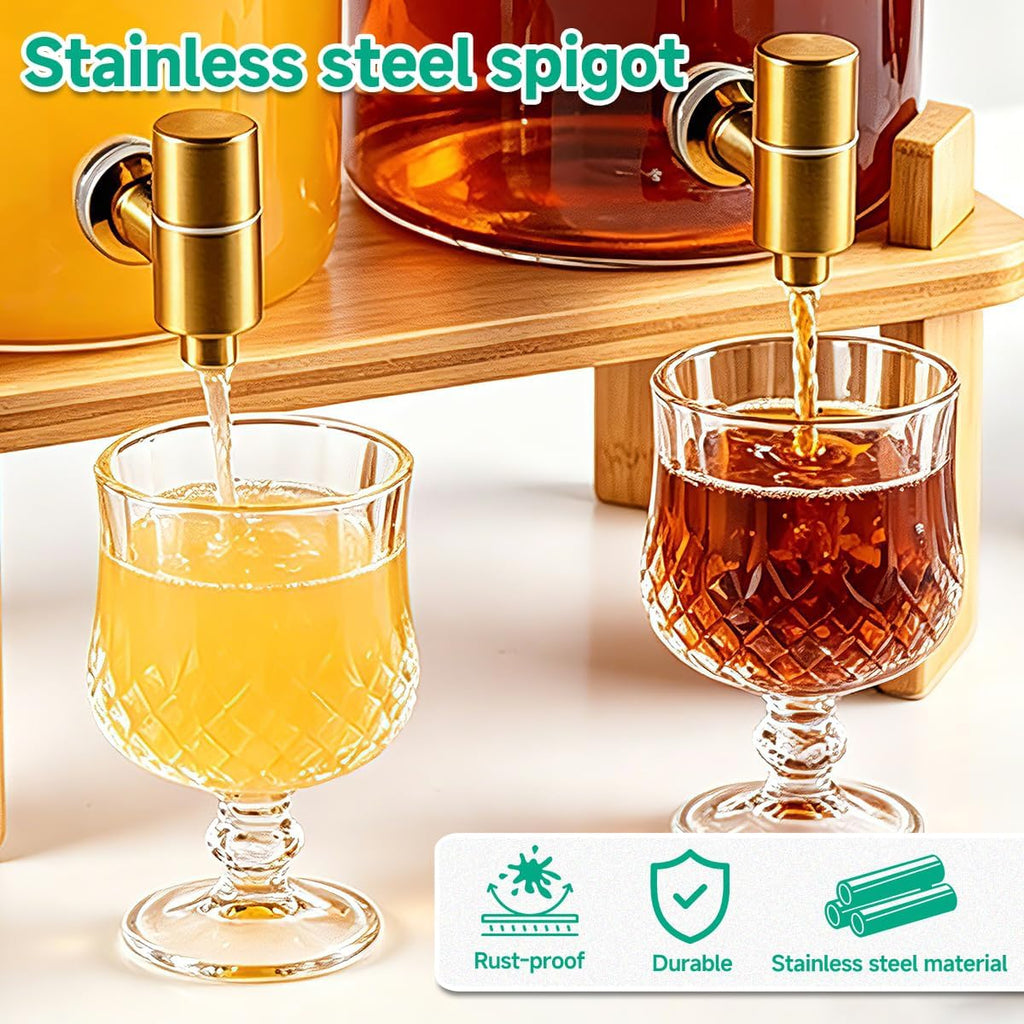 Gallon (4 gallon) Beverage Dispenser With Bamboo Wood Stand,Large Glass Drink Dispenser for Parties,Large - Set of 2