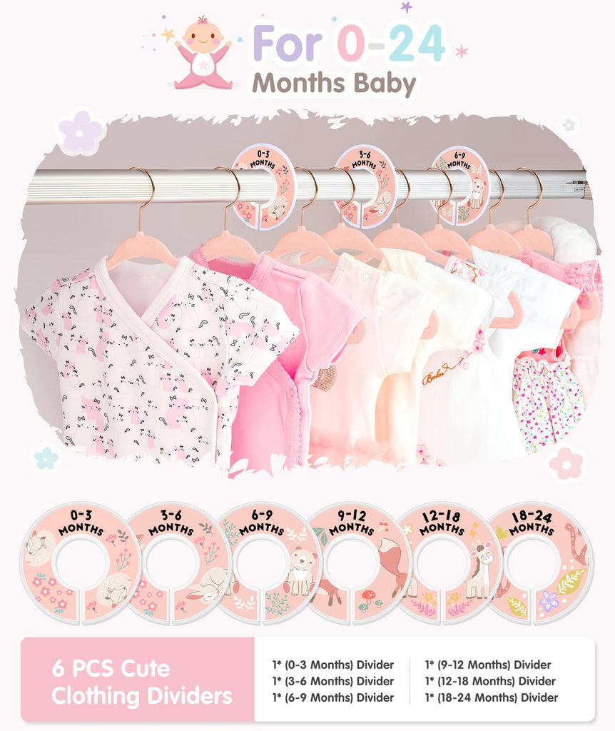Velvet Baby Hangers with 6 Pcs Size Dividers, 11 Inch, Pink, 30 Pcs