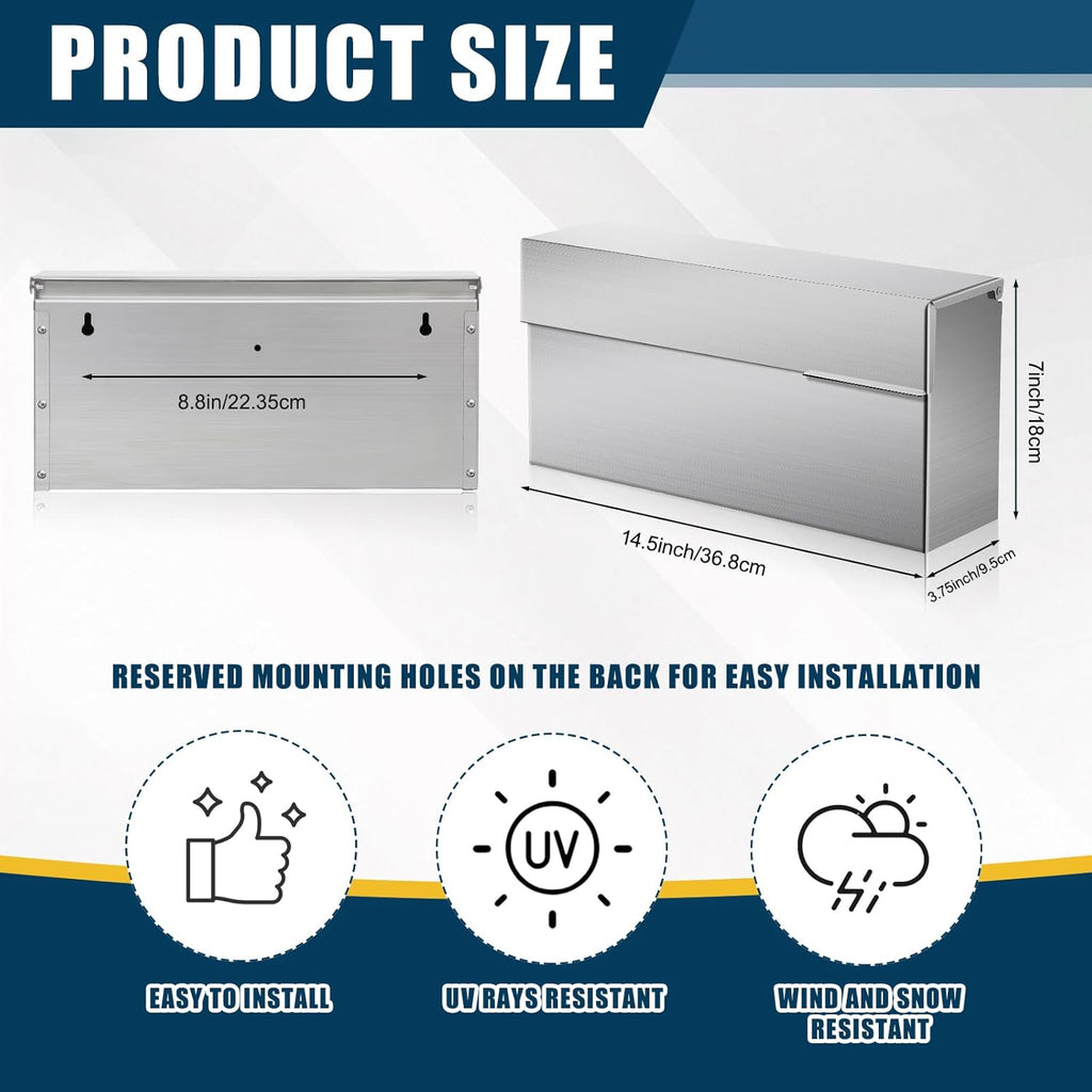 Stainless Steel Mailboxes 14.5'' x 7.1'' x 3.75'' Wall Mounted Mailbox Silver Rust Proof and Rainproof Steel Drop Box