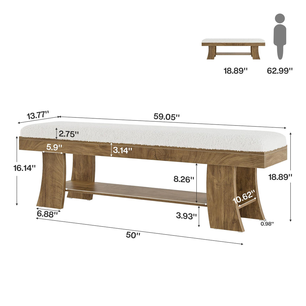 59-Inch Upholstered Entryway Bench with Storage Shelf, Indoor Cushioned Shoe Bench Seat, Farmhouse Skinny End of Bed