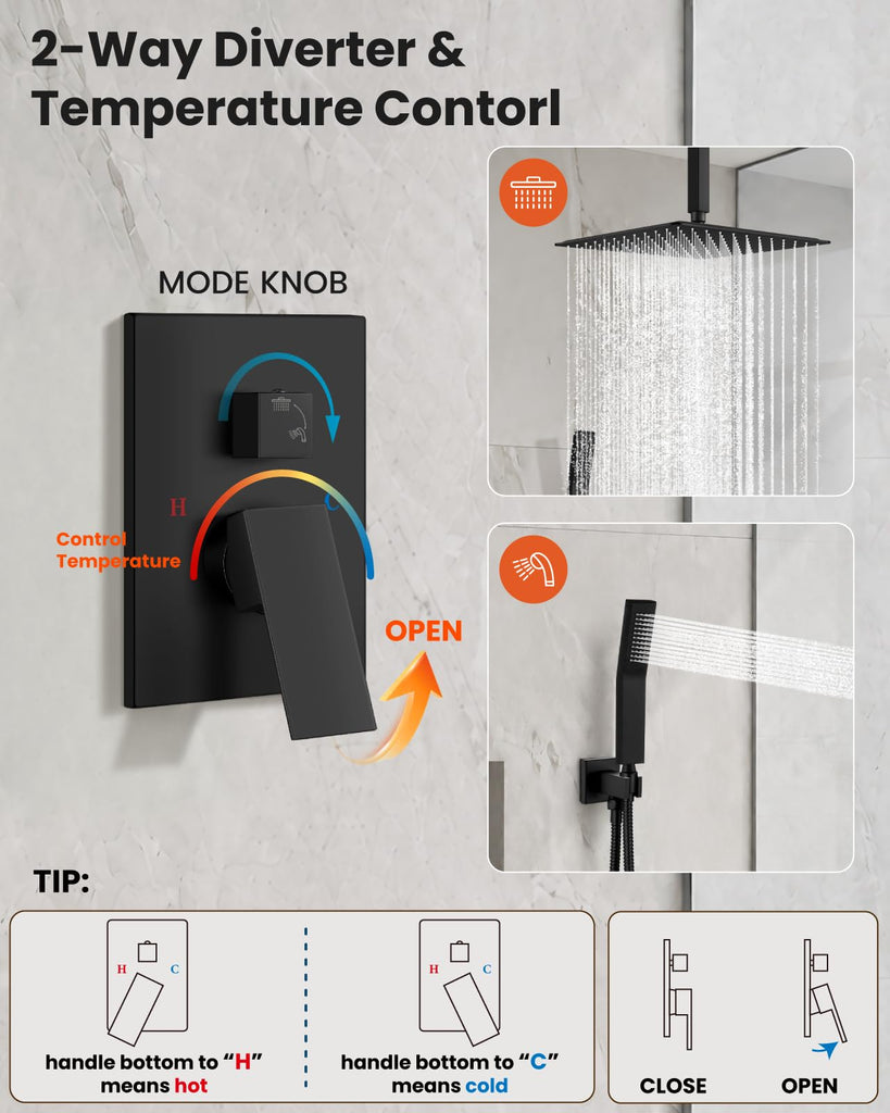 Ceiling Shower System with Handheld Matte Black,12 inch Head