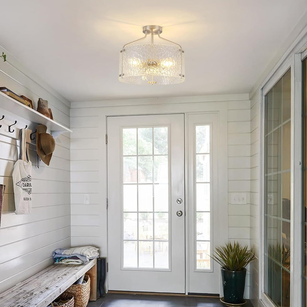 Semi Flush Mount Ceiling Light Fixture Glass Drum Chandelier Entryway Light Fixture 16''Brushed Nickel Flush Mount