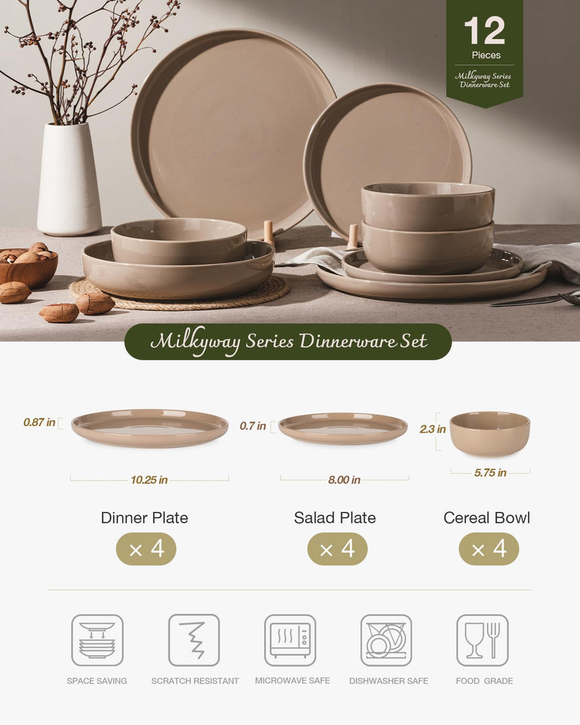 Milkyway 12-Piece Stoneware Dinnerware Set, Cinnamon Brown