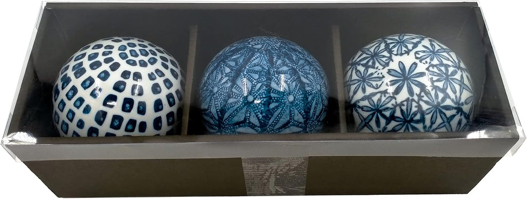 4" Diameter Blue & White Floral Chinoiserie Ceramic Ball () Style 2 | Decorative Ball Vase Bowl Filler - Set of 3