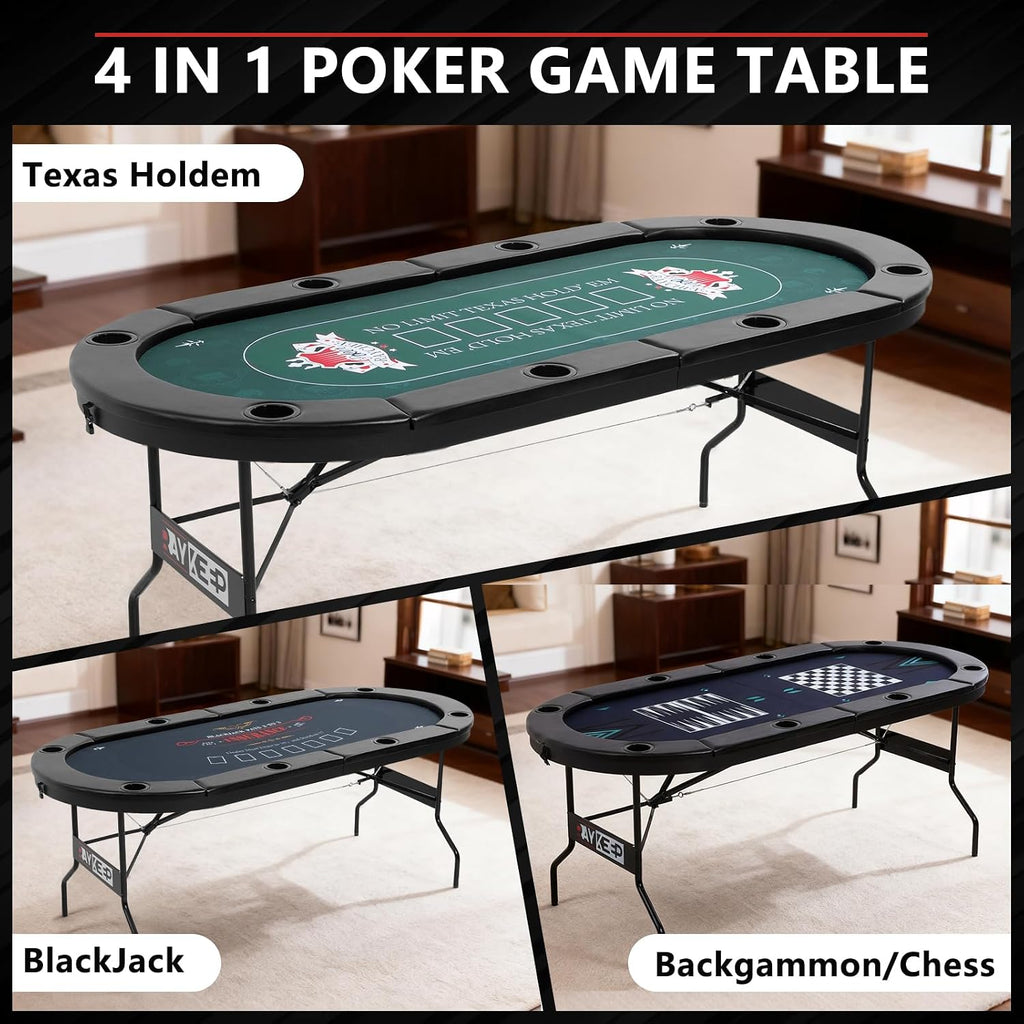 4-in-1 Poker Table Foldable, 8 Player Folding Poker Table w/Interchangeable Texas Holdem/Blackjack Game Mat &
