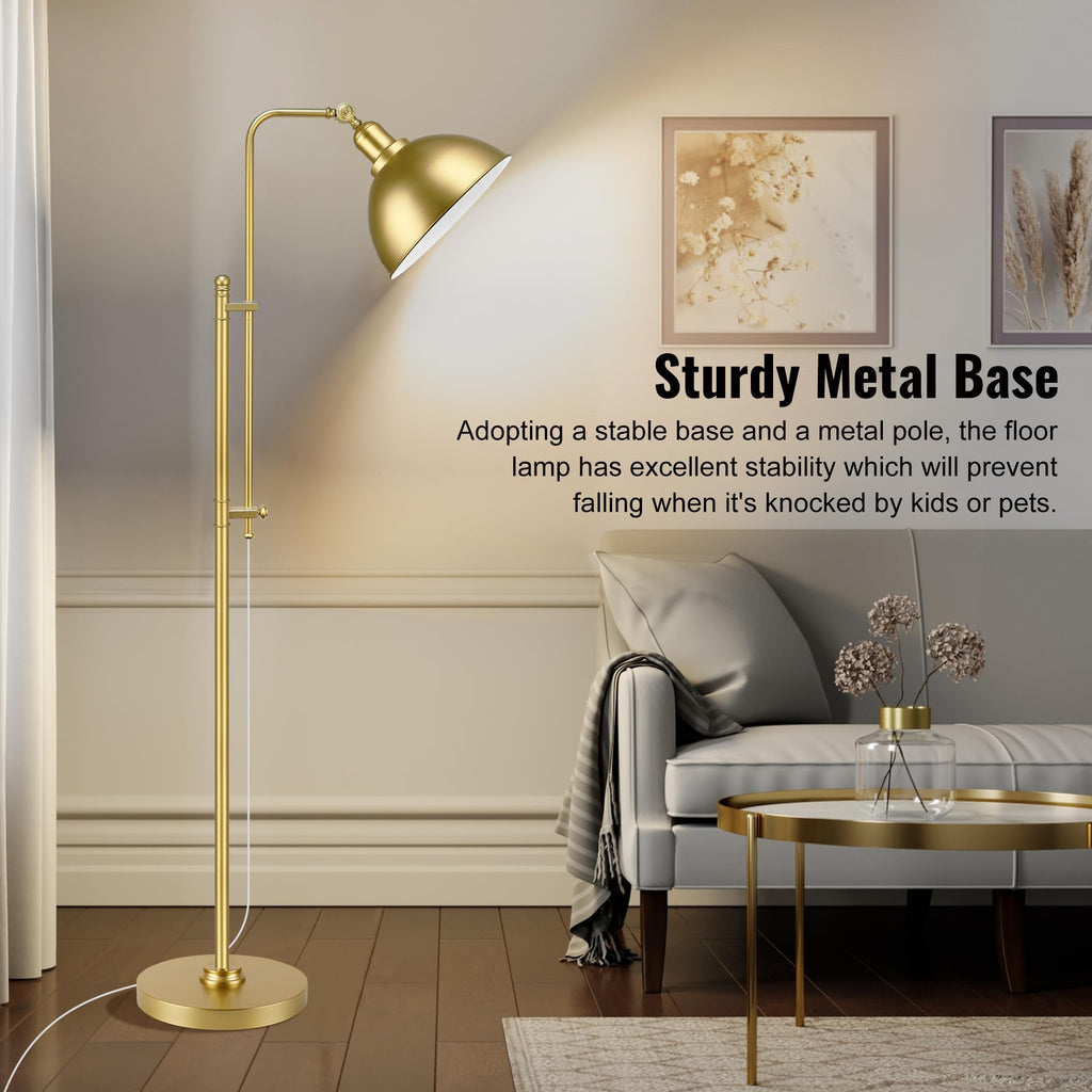 Industrial Floor Lamp Adjustable, Rustic Farmhouse Reading Lamp in Aged Gold Finish, Modern Standing Lamp with Remote
