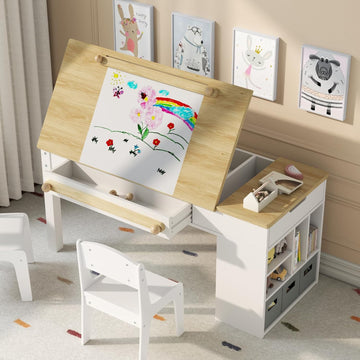 Kids Art Table and 2 Chairs Set,3 in 1 Wooden Craft Desk w/ Drawer for Draw