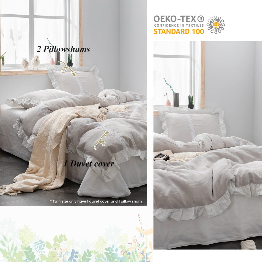 100% Linen Duvet Cover Set (68''x86'') Frill Floral Flax, Shabby Chic Ruffle Edge Lace Insert Decoration, 2