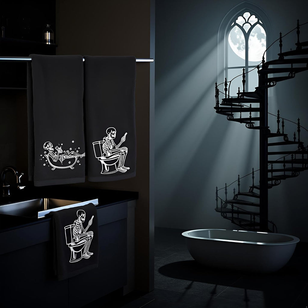 Luminous Halloween Hand Towels 100% Cotton Embroidered Skull Halloween Kitchen Towels Glow in The Dark Black - Set of 2
