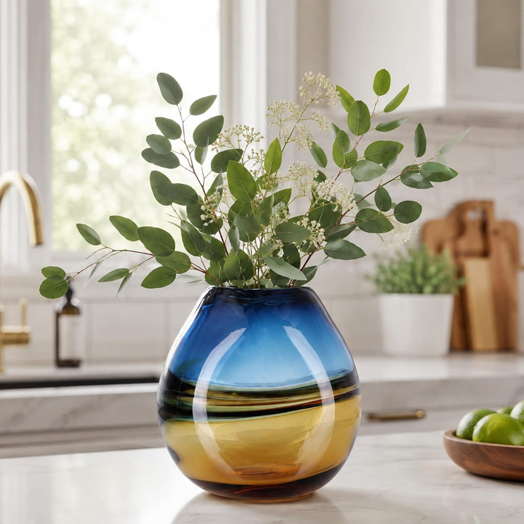 Hand Blown Glass Flower Vase, Murano Style Art Glass Vase Table Centerpiece