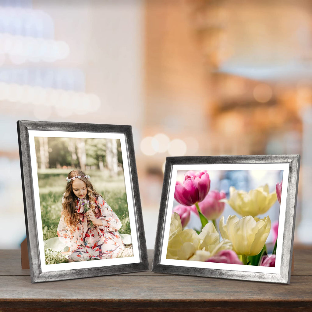 8x10 Picture Frame Distressed Silver Set of 4, 9x11 Frame for 8"x10" Photo with Mat, Antique Silver Frames for Wall