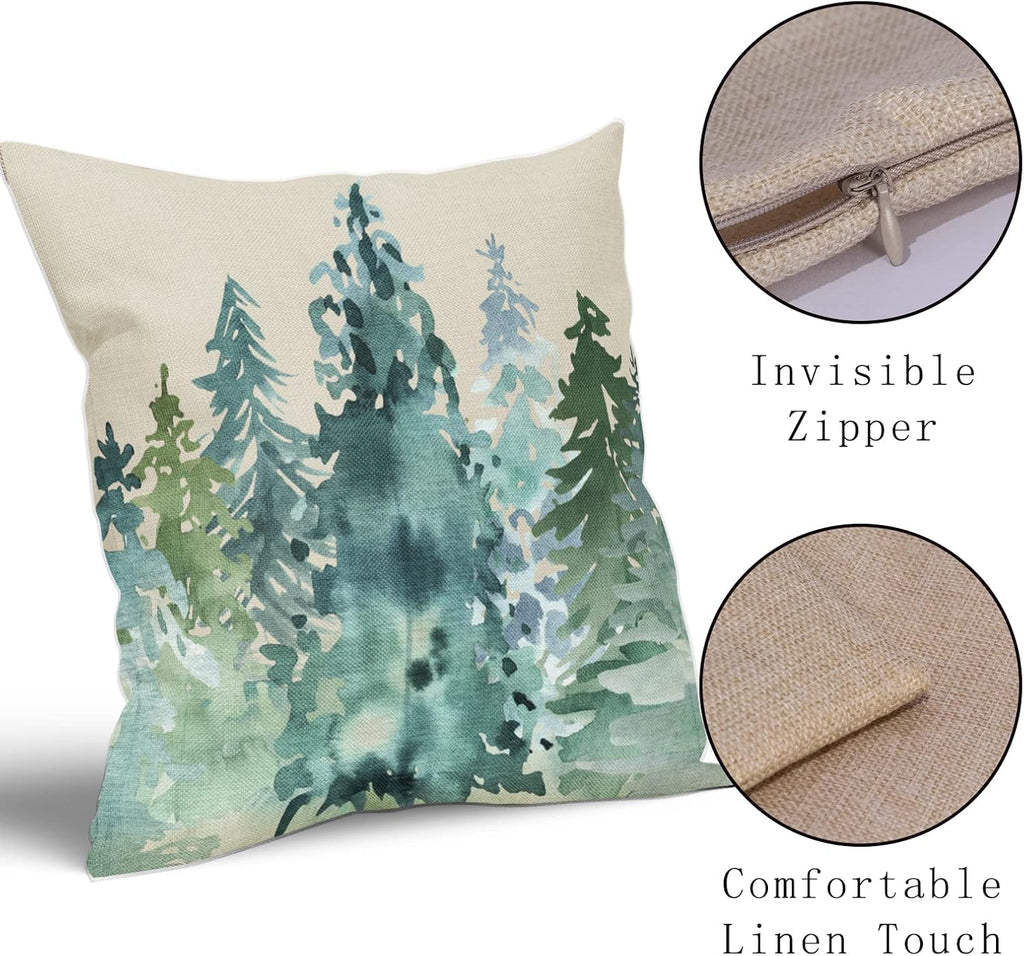 Winter Christmas Tree Pillow Covers 18x18 Blue Green Nature Forest Rustic Watercolor Style Print Decorative - Set of 2
