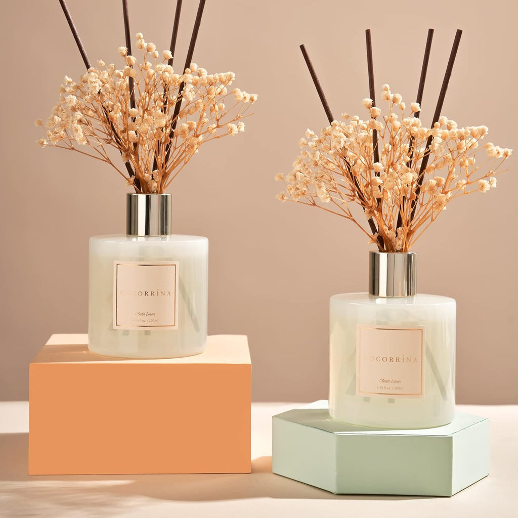 Reed Diffuser Set, 6.7 fl.oz Clean Linen 2 Packs Scented Diffuser with Sticks Home Fragrance Reed Diffuser Shelf Decor