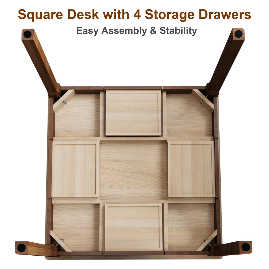 Solid Wooden Desk with Drawers - 29.5" Square Dining Table for 2-4 People, Rubberwood Mid Century Modern Desks, Small