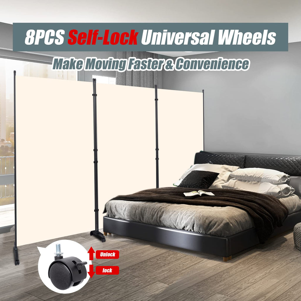 Room Divider 102'' Wide Folding Privacy Screen, 3 Panel Wall Divider w/Wheel