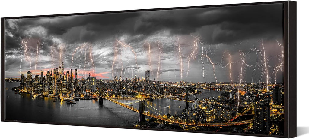 New York City Skyline Lightning Night View Canvas Prints with Black Floater Frame 20x55 Inch Wide Panoramic Wall Art