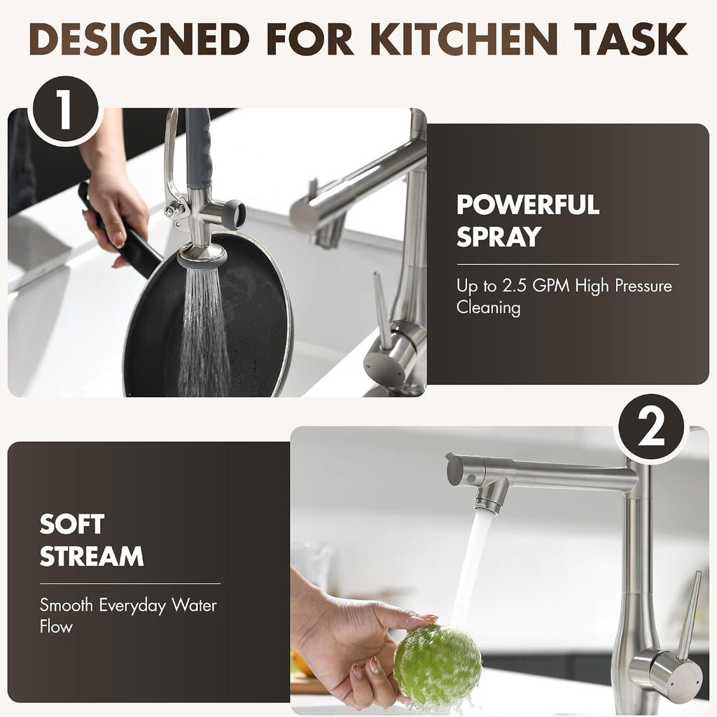 Commercial Kitchen Sink Faucet with Pull Down Sprayer Brushed Nickel | High Pressure Double Headed Spray, Stainless