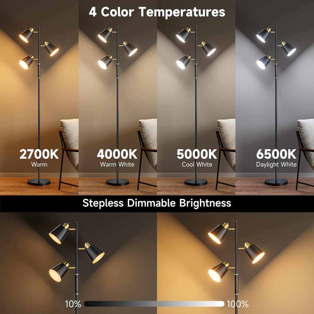 36W LED Tree Floor Lamp, 3 Rotatable Lights Standing Lamps