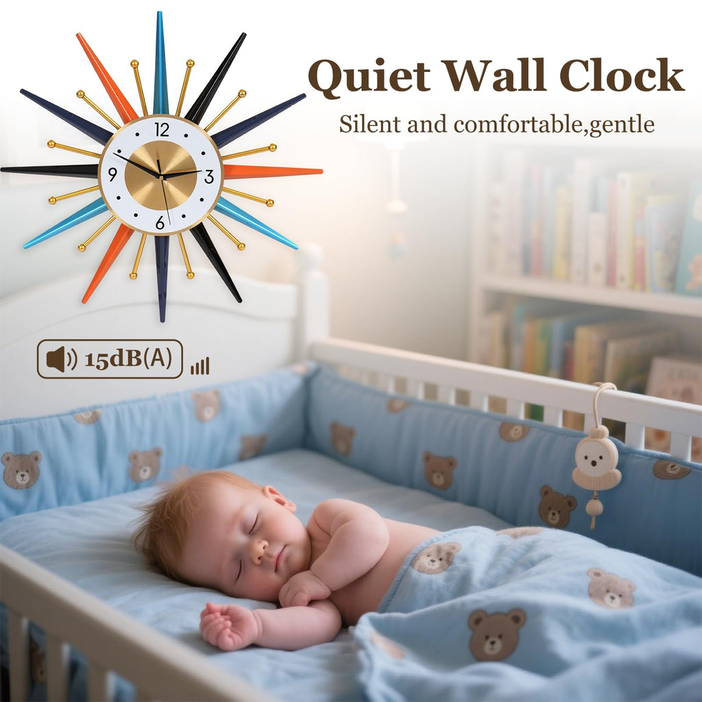 22-Inch Large Starburst Wall Clock - Mid-Century Modern Decorative Wall Clock, Silent Non-Ticking Quartz Movement