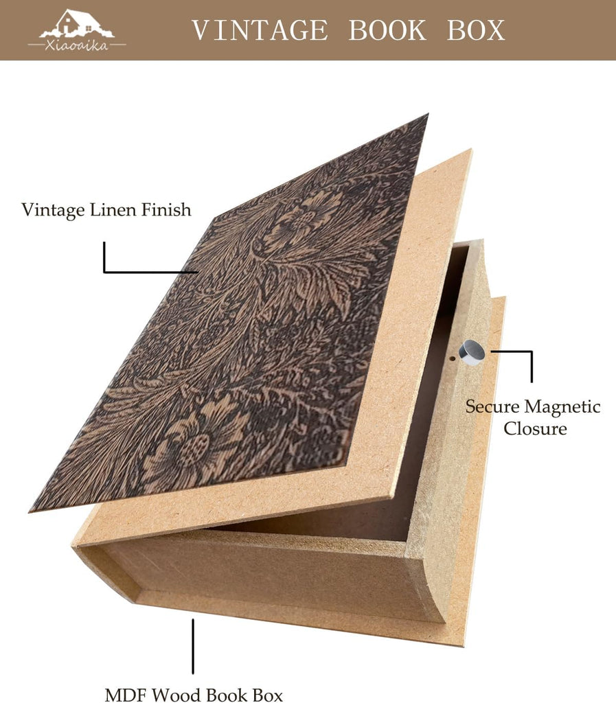 Wooden Book Box Set of 3 - Vintage Floral Designs with Linen Fabric Covers and Magnetic Closure, William Morris Style