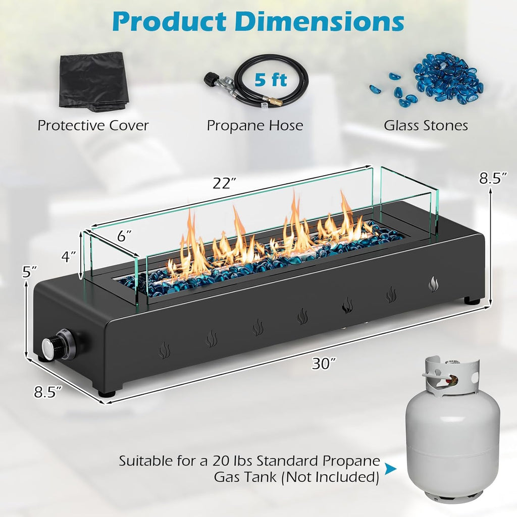 30 Inch Table Top Propane Fire Pit, 40,000 BTU Rectangular Tabletop Firepit with Wind Guard, Glass Rocks & Cover